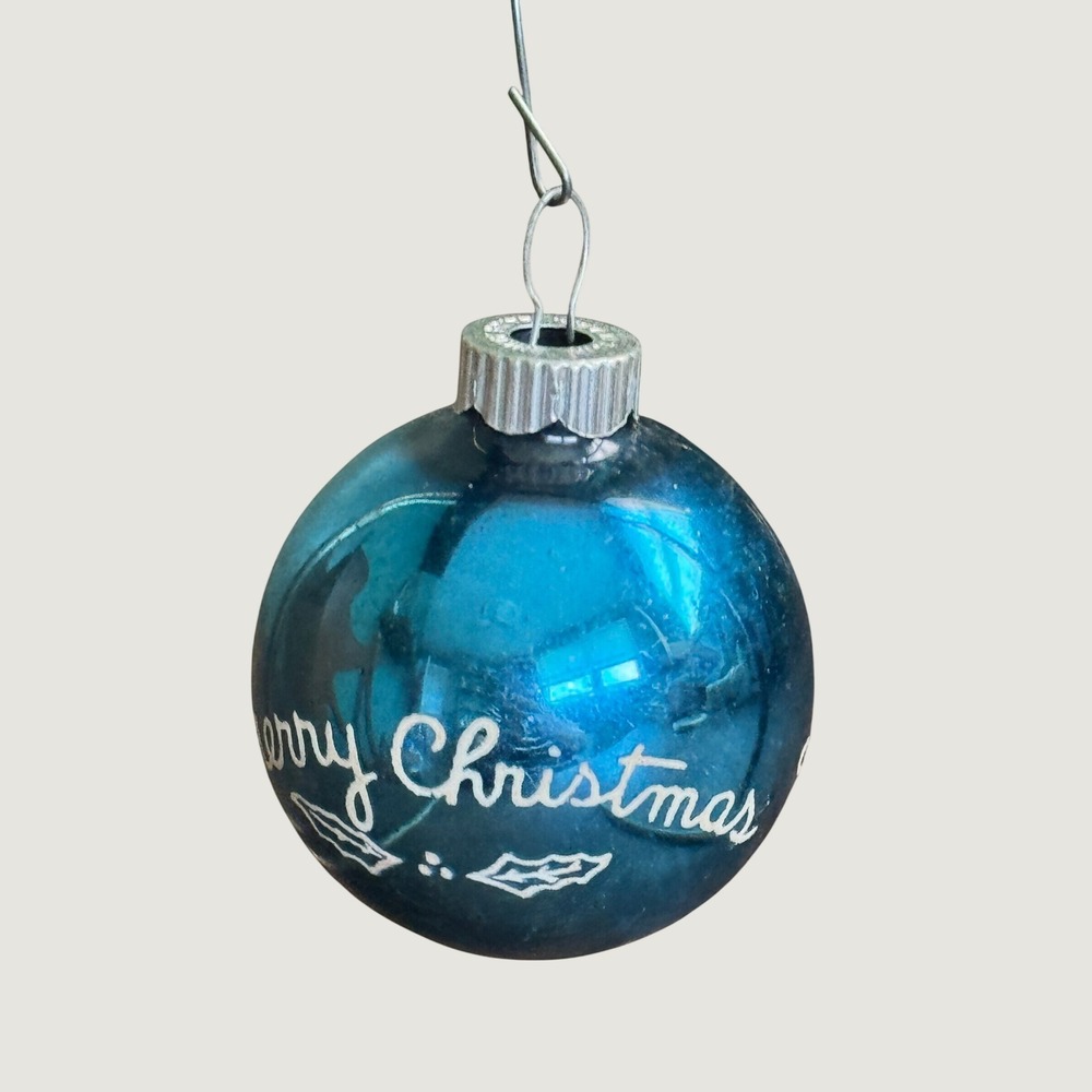 Vintage Shiny Brite Teal Blue Glass Stenciled Merry Christmas Ornament  MCM USA